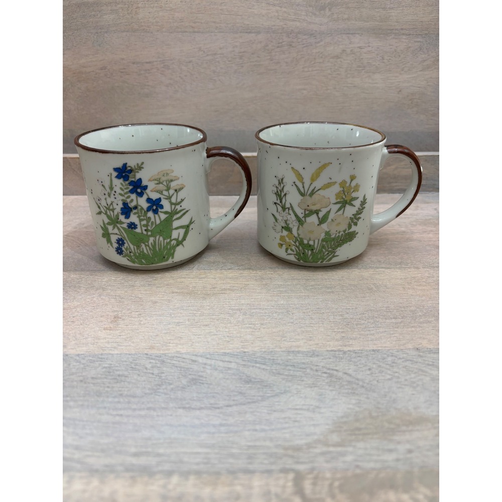 Vintage Speckled Stoneware Wildflower Coffee Mugs Set of 2 Blue White Floral